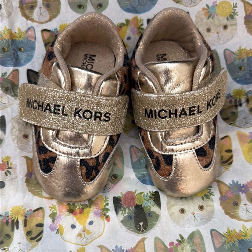 Michael Kors Gold and Leopard Print Baby Soft Sole Velcro Sneakers Size 3